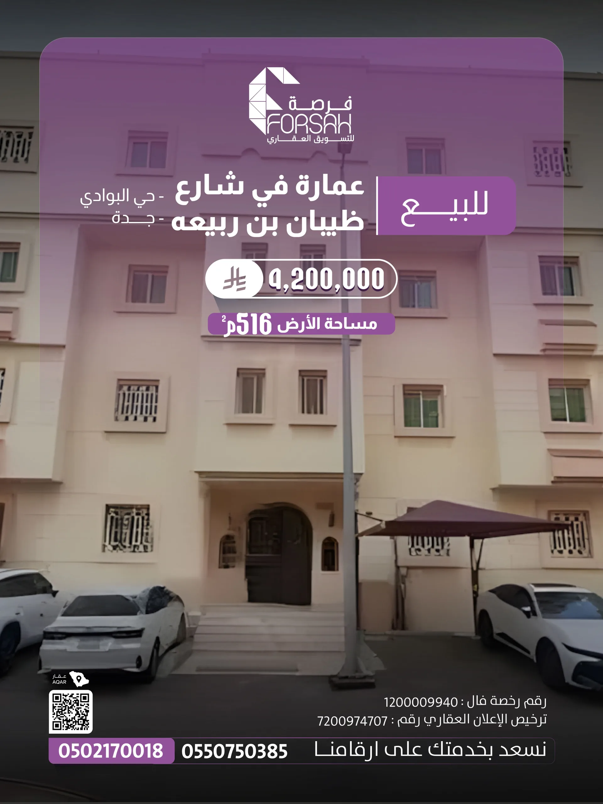 عمارة سكنية استثمارية فاخرة للبيع في حي البوادي - شارع ظيبان بن ربيعة (جدة)